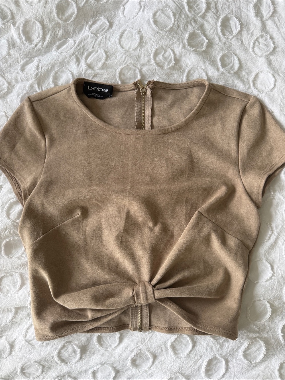 bebe Taupe Suede Front-Knot Crop Top
